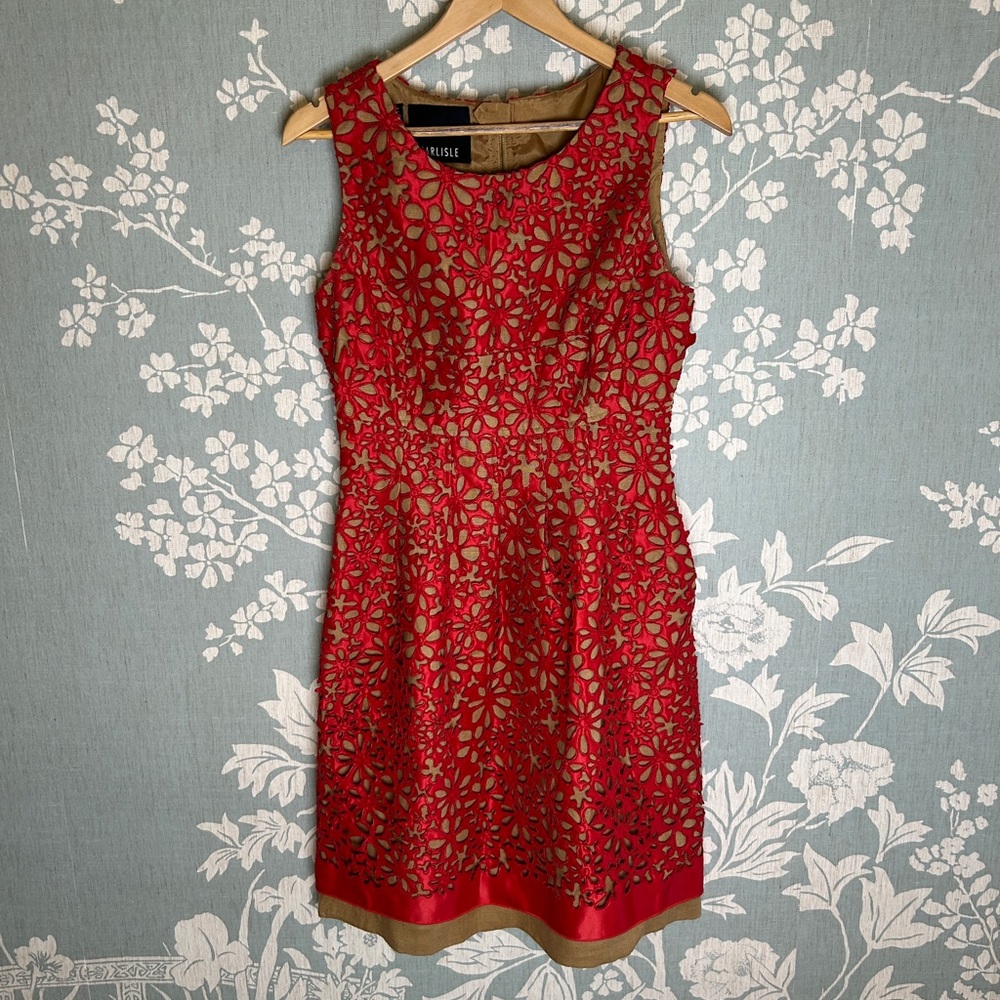 CARLISLE HAND-CORDED Red Charmeuse Satin & Italian Tan Linen Laser Cut Dress sz4
